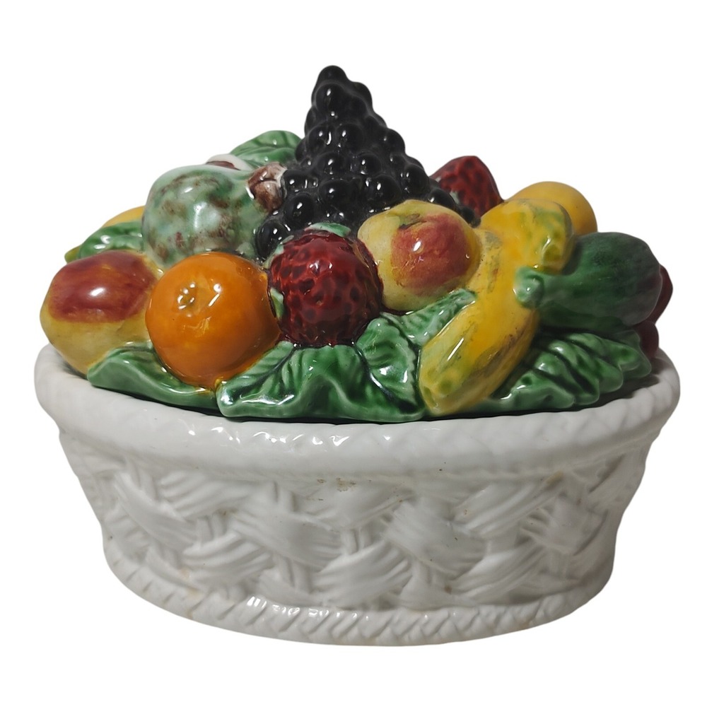 Vintage Bordallo Oval Bowl‎ Pinheiro Majolica Fruit Basket Lidded Eight Inch SEE